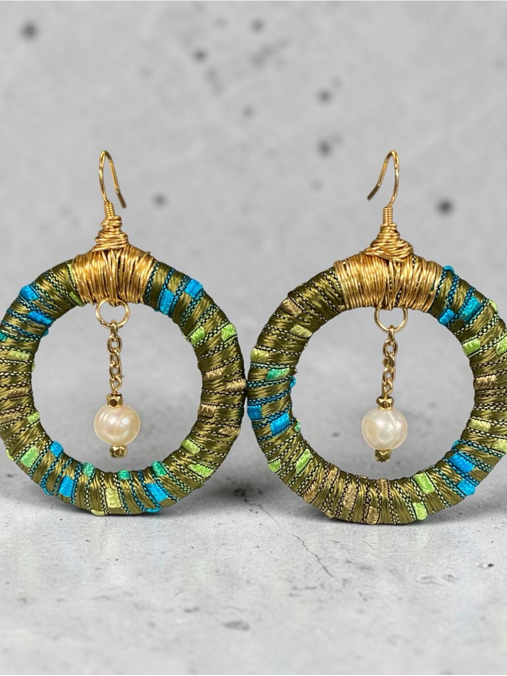 Handcrafted Green & Blue silk Thread Hoop Earrings with Pearl Drop